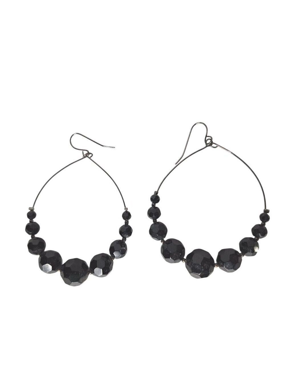 Vintage Black Faceted Bead Hoop Earrings